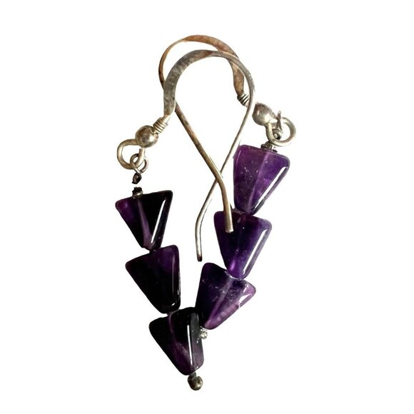Authentic Amethyst Silver Pierced Earrings Handmade Purple Dangle Casual Everyda - Picture 1 of 5